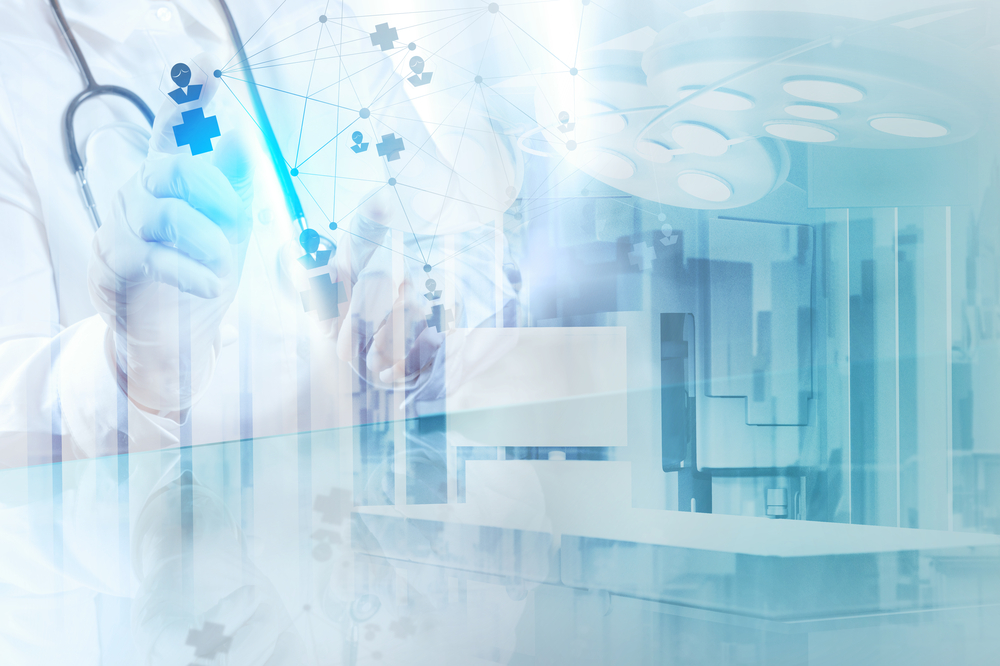 Double exposure of smart medical doctor drawing network with operating room as concept