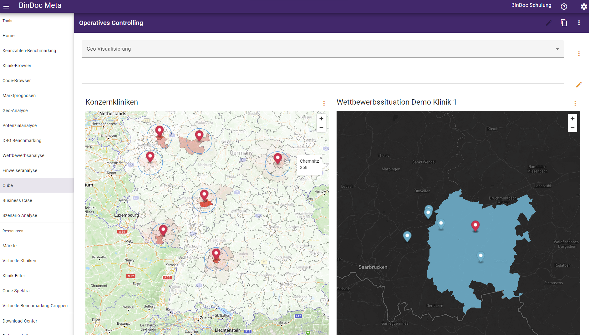 Geo-Analyse der Patientenherkunft, der Versorgungsgebiete und vor allem der zentralen Wettbewerber in definierten Radien oder Fahrzeitzonen